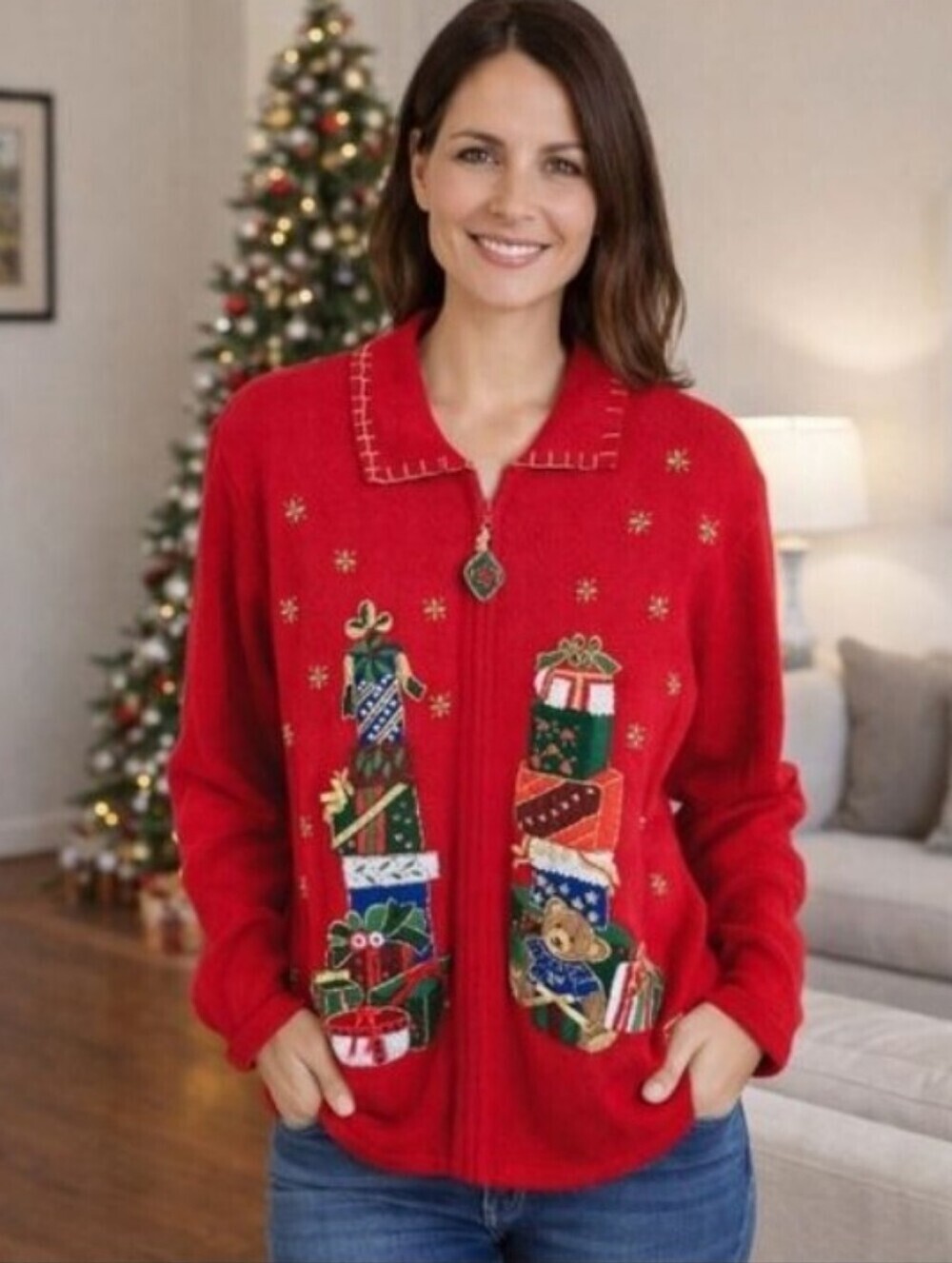 Heirloom Collectibles Vintage Christmas Theme Red Cardigan Sweater